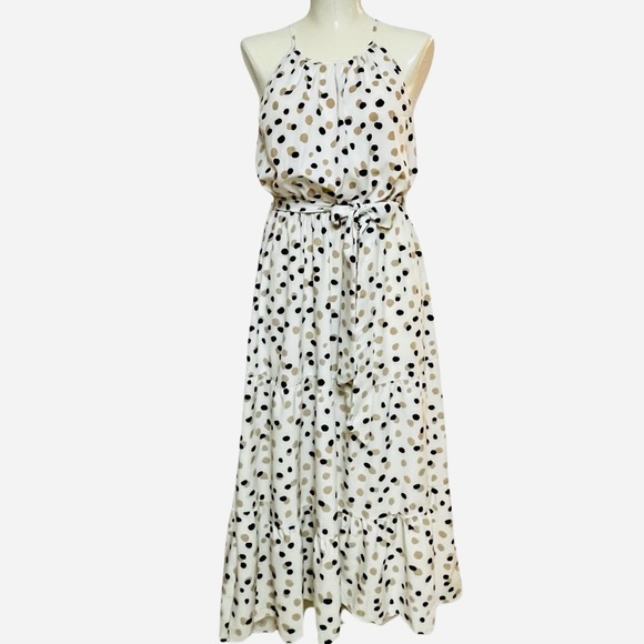 Ivory polka dot sleeveless racerback tiered ruffle hem maxi dress NWT size S - Picture 7 of 8